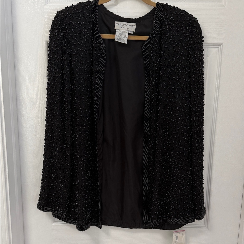 Papell Boutique Evening 100% Silk Black Beaded Jacket - size Small **NWT**